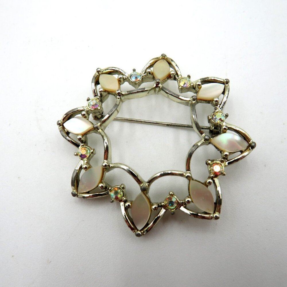 Vintage Starburst Floral Brooch Silver Tone Imitation Mother of Pearl Rhinestone